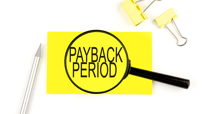 PAYBACK PERIOD text on sticker through magnifier.