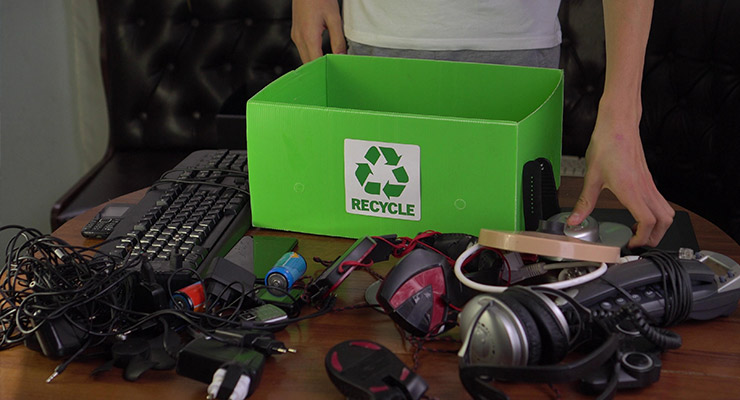 electrical cords in front of recycle box