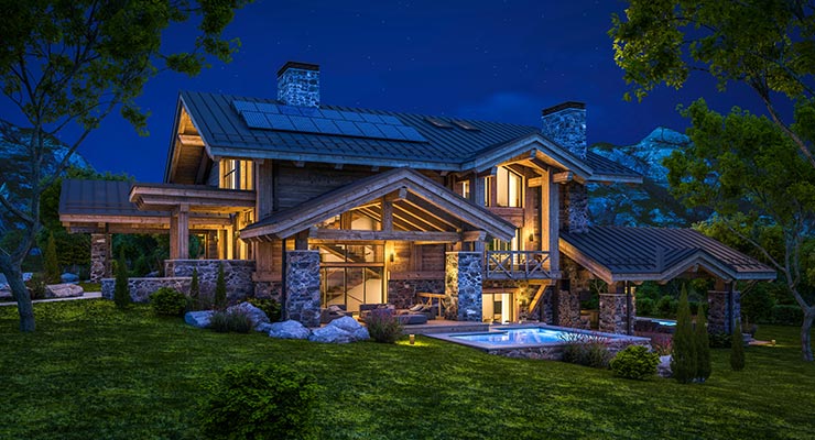 modern house with solar system at night