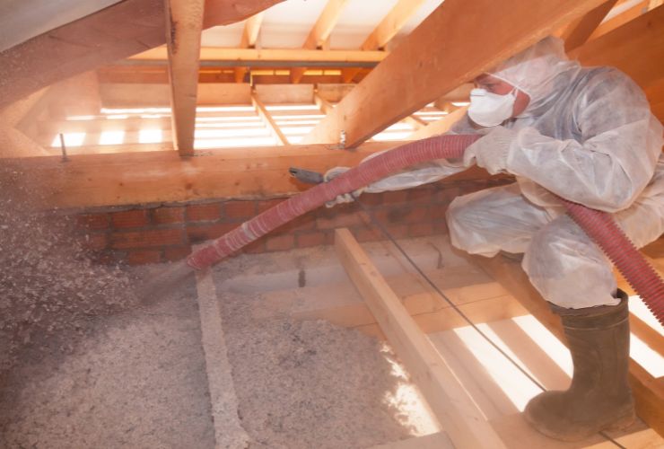 installer using loose-fill abestos insulation