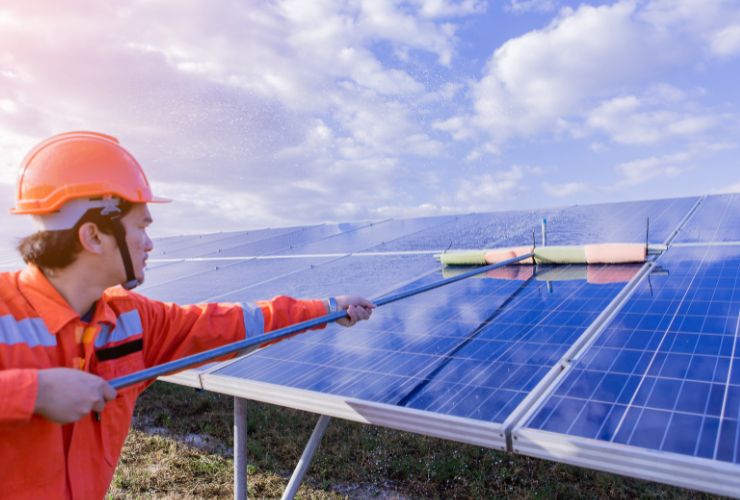 solar panel being cleaned