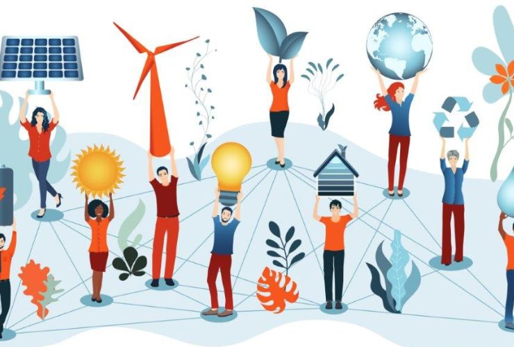 animation of people holding different renewable energy sources