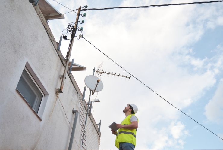 technician looking at electricity pole after blackout which battery could have fixed