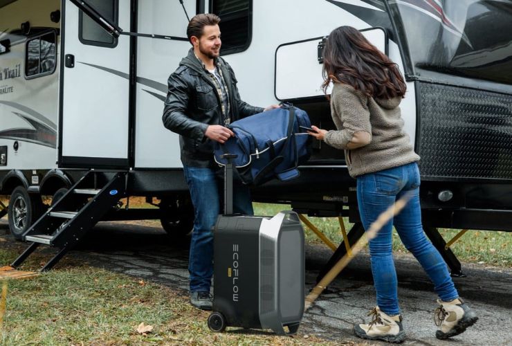 Delta Pro battery system near caravan