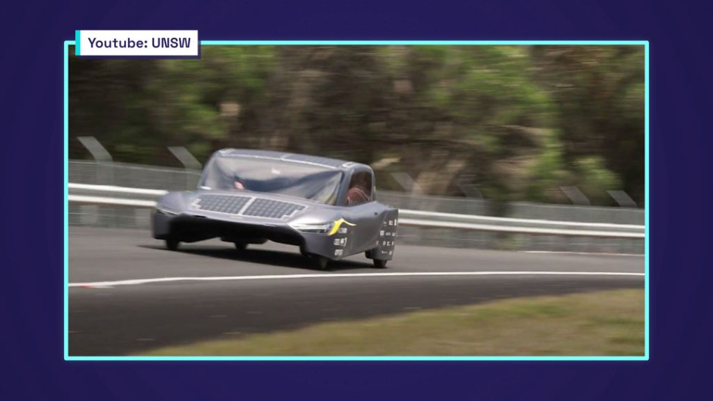 The Sunswift solar car on a racing teck 