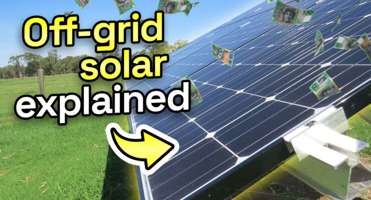 off-grid solar panels with arrow pointing at them